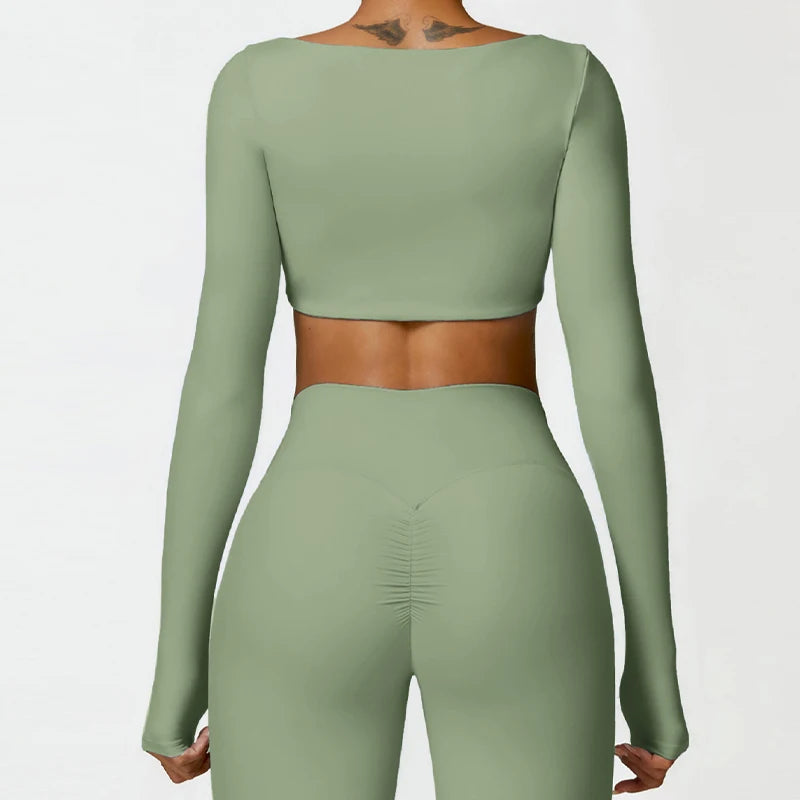 Casual Quick Dry Sportswear Women Square Neck Gym Top Women Fitness Sports Crop Top Female Long Sleeve Yoga Clothing