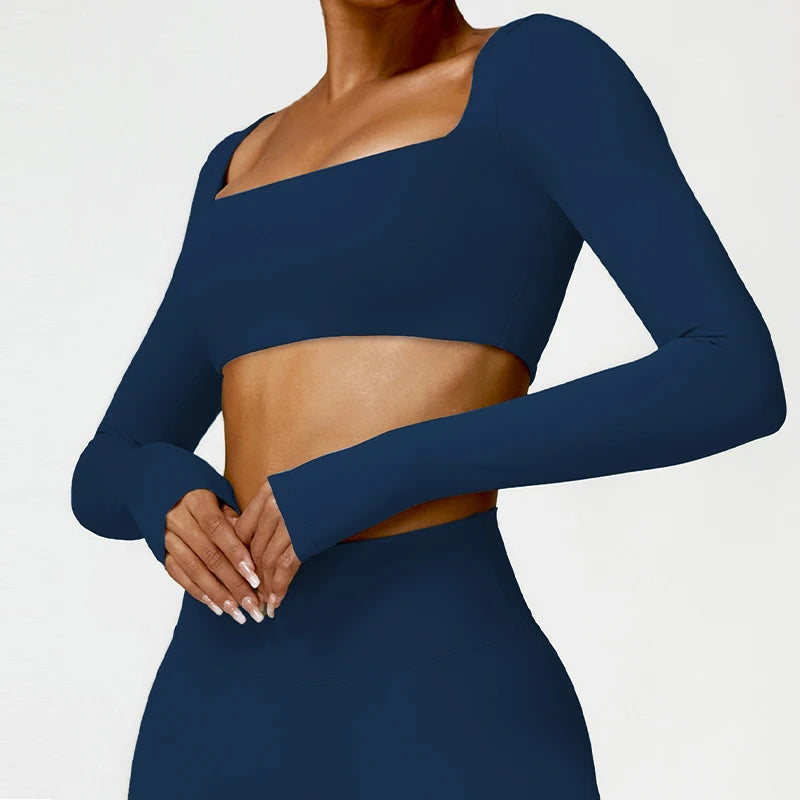 Casual Quick Dry Sportswear Women Square Neck Gym Top Women Fitness Sports Crop Top Female Long Sleeve Yoga Clothing