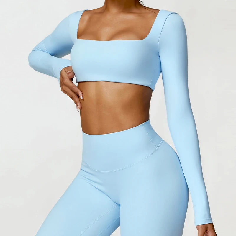 Casual Quick Dry Sportswear Women Square Neck Gym Top Women Fitness Sports Crop Top Female Long Sleeve Yoga Clothing
