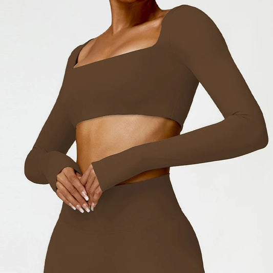 Casual Quick Dry Sportswear Women Square Neck Gym Top Women Fitness Sports Crop Top Female Long Sleeve Yoga Clothing