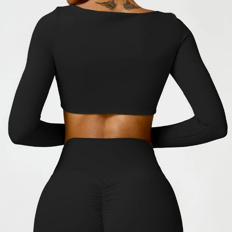 Casual Quick Dry Sportswear Women Square Neck Gym Top Women Fitness Sports Crop Top Female Long Sleeve Yoga Clothing
