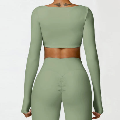 Casual Quick Dry Sportswear Women Square Neck Gym Top Women Fitness Sports Crop Top Female Long Sleeve Yoga Clothing