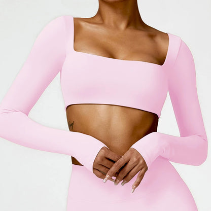Casual Quick Dry Sportswear Women Square Neck Gym Top Women Fitness Sports Crop Top Female Long Sleeve Yoga Clothing
